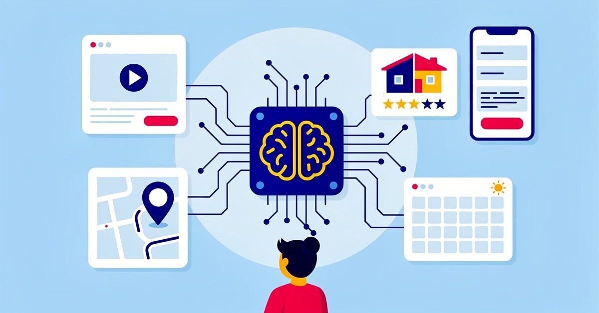 Illustration of a paid social strategy for home services showing an AI hub connecting video ads, local map targeting, reviews, mobile ads, and a scheduling calendar