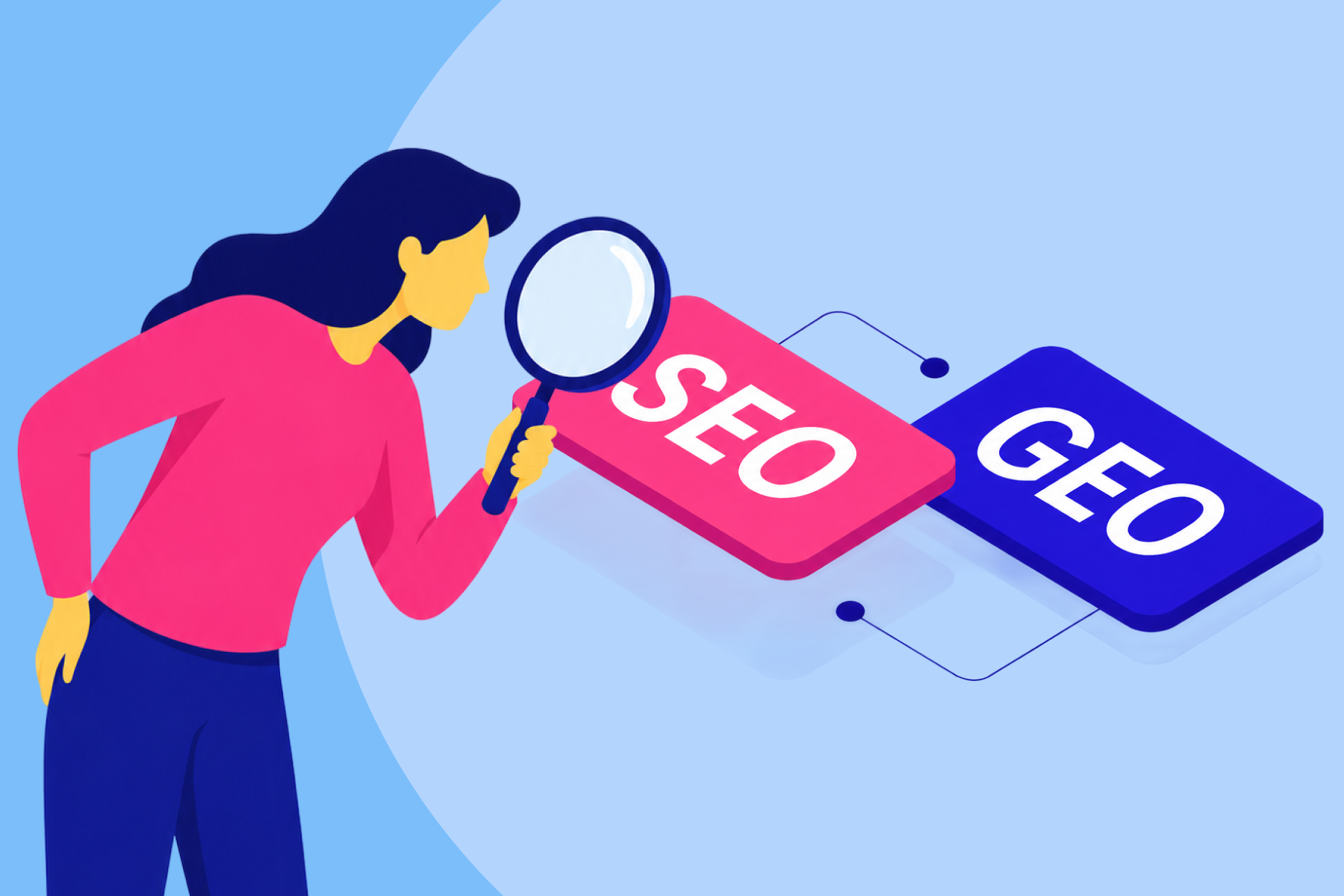 Home services SEO and GEO strategy illustrated with a magnifying glass examining SEO and GEO labels
