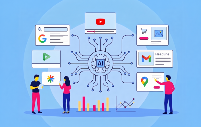 AI-powered Performance Max marketing ecosystem showing a central AI system connecting channels like search, video, ads, email, and analytics to optimize campaigns.