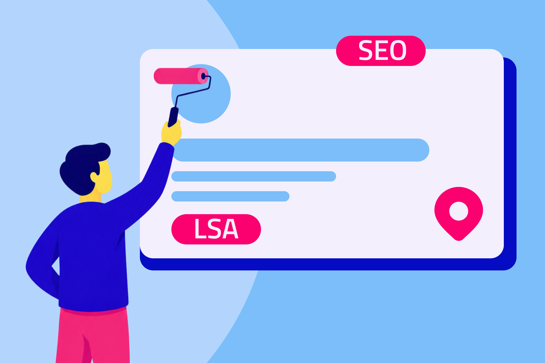 Illustration of a person building a home services marketing profile with SEO and LSA tags