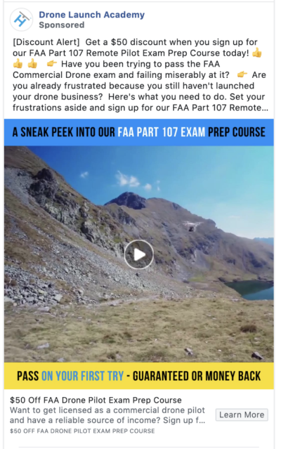 Drone Launch Academy facebook ad Drone Launch Academy ad wins with a guarantee and emojis