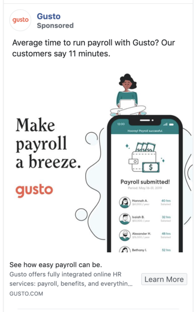Gusto facebook ad Gusto ad demonstrates success