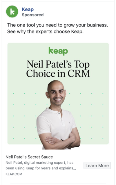 Keap Facebook ad Keap's ad uses a powerful endorsement