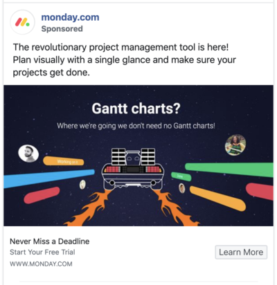 Monday facebook ad Monday.com ad highlights key benefits