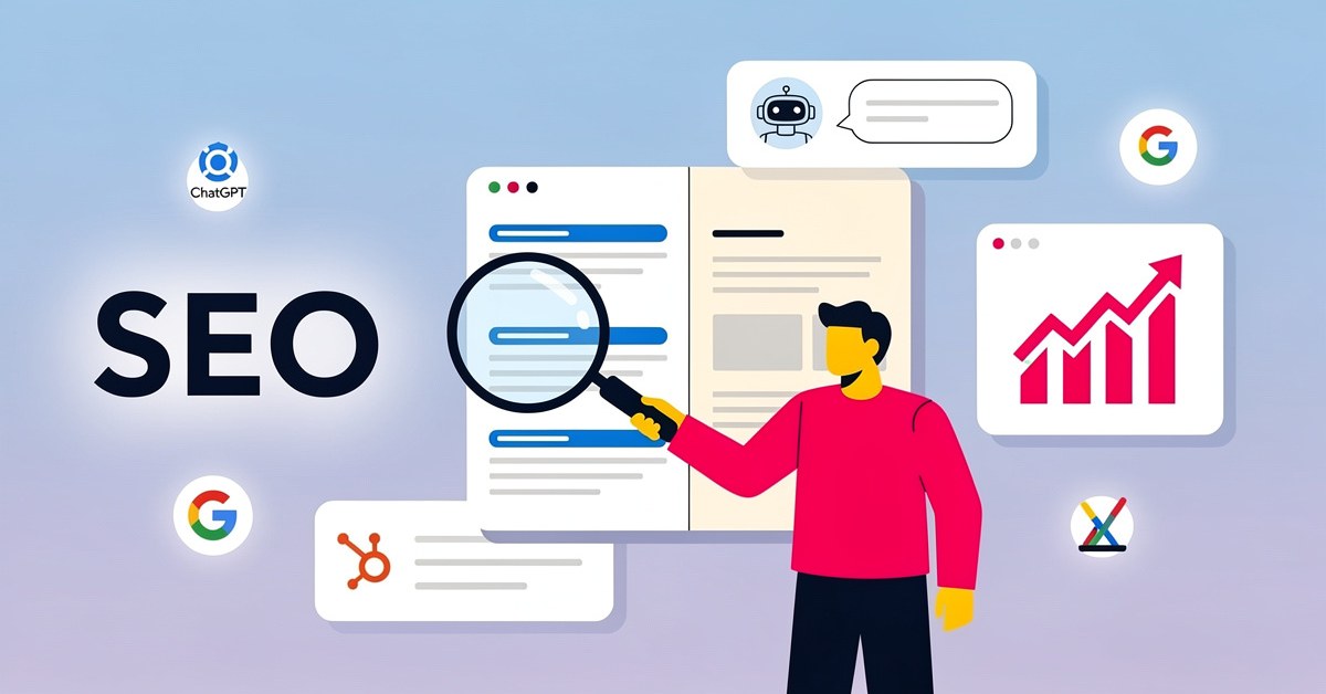 Illustration of a person using a magnifying glass to analyze SEO services content, surrounded by icons for ChatGPT, Google, HubSpot, and a bar chart showing growth