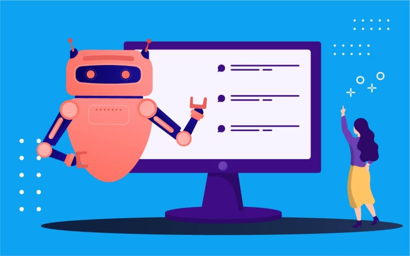 robot and woman with big computer