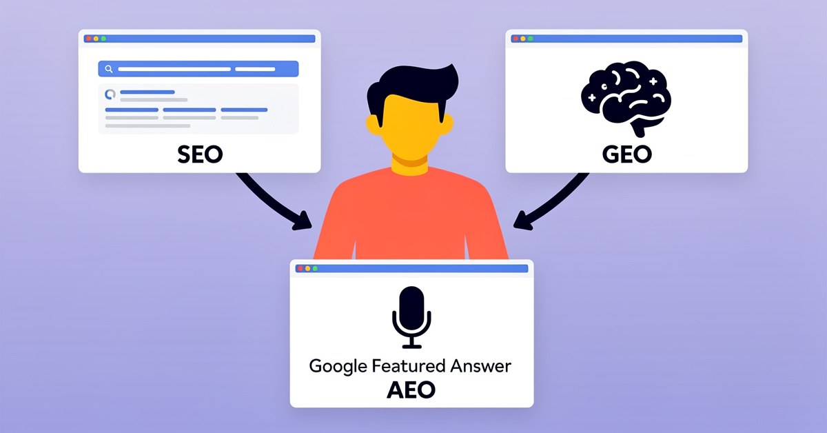 Diagram showing how SEO GEO AEO work together for complete organic visibility in 2026