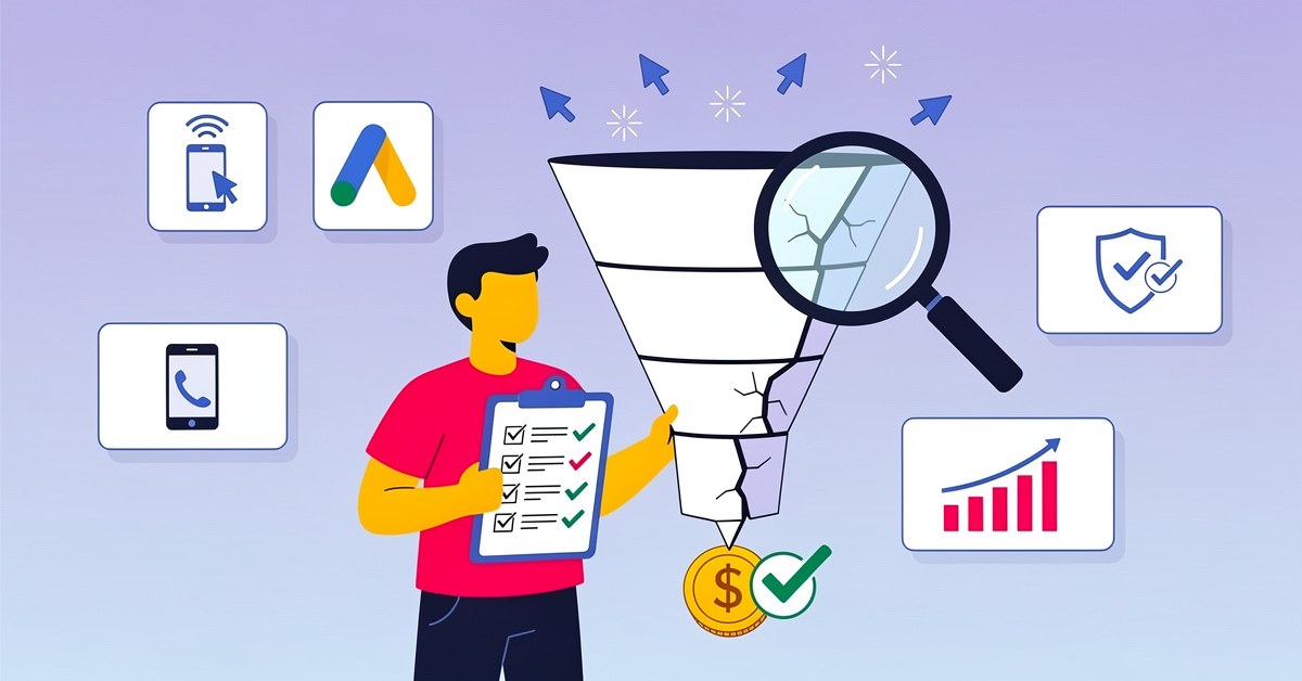 Paid search audit illustration showing a cracked conversion funnel with Google Ads logo, call tracking, checklist, and rising bar chart