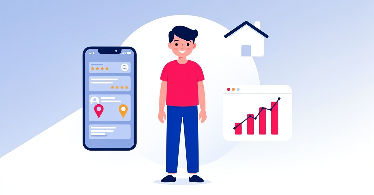 Home service business owner standing between a local search results screen and a rising bar graph, representing digital marketing for contractors