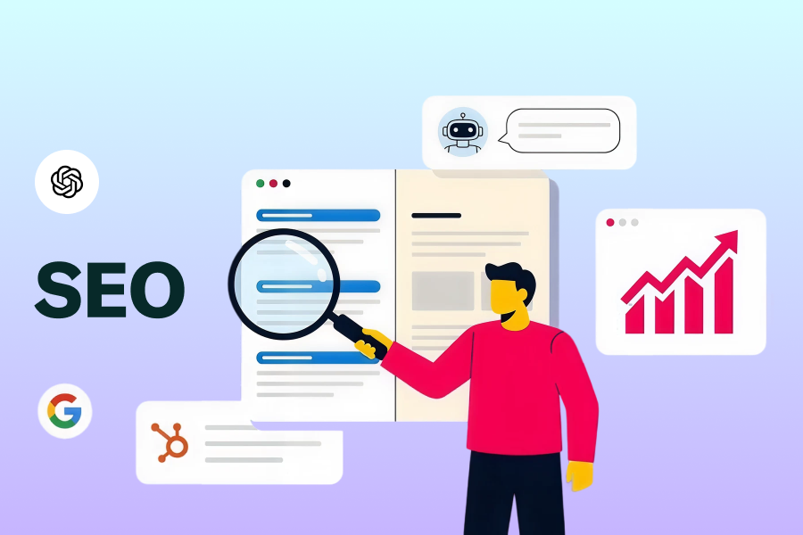 Illustration of a person using a magnifying glass to analyze SEO services content, surrounded by icons for ChatGPT, Google, HubSpot, and a bar chart showing growth