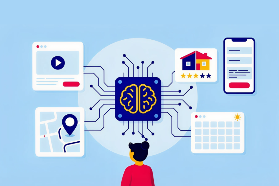 Illustration of a paid social strategy for home services showing an AI hub connecting video ads, local map targeting, reviews, mobile ads, and a scheduling calendar