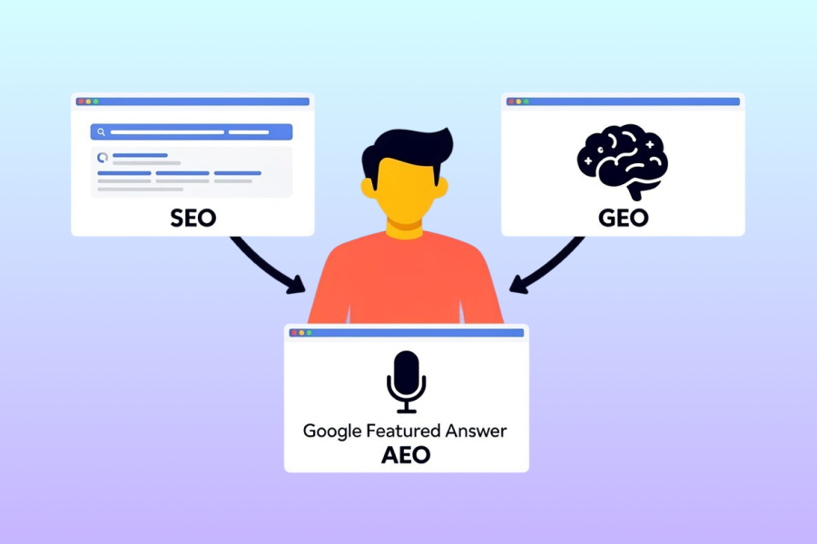 Diagram showing how SEO GEO AEO work together for complete organic visibility in 2026