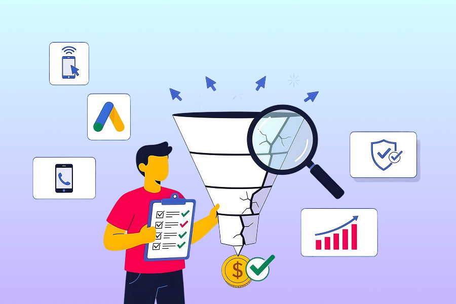 Paid search audit illustration showing a cracked conversion funnel with Google Ads logo, call tracking, checklist, and rising bar chart