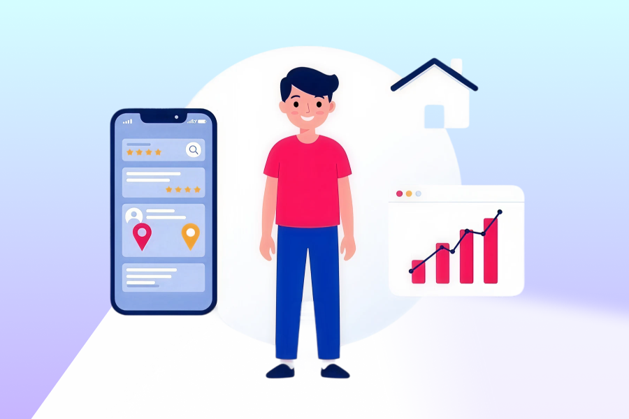 Home service business owner standing between a local search results screen and a rising bar graph, representing digital marketing for contractors