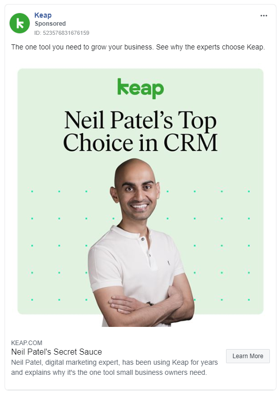 Keap's facebook ad uses a powerful endorsement