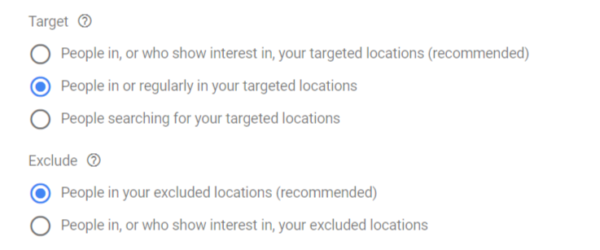 Google Ads Setup - Location targeting settings
