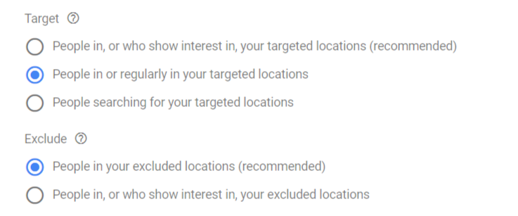 location targetting Google Ads Setup - Location targeting settings