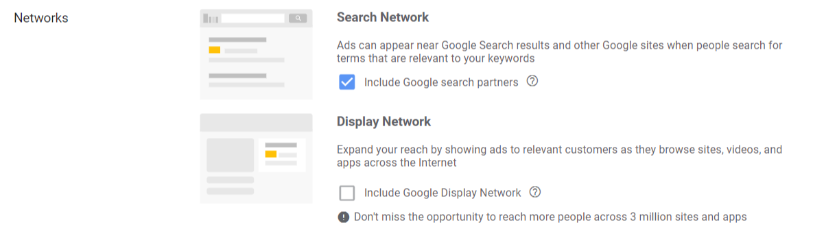 search network Google Ads Setup - Choose Search Network only