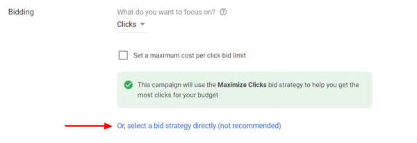Google Ads Setup - Select bid strategy directly